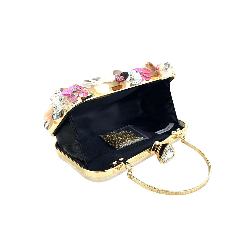 Women's Floral Embellished Clutch Bag – 3D Blooms & Crystal Detail
