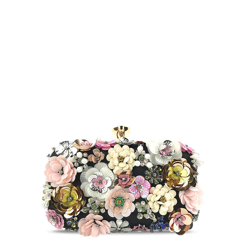 Women's Floral Embellished Clutch Bag – 3D Blooms & Crystal Detail