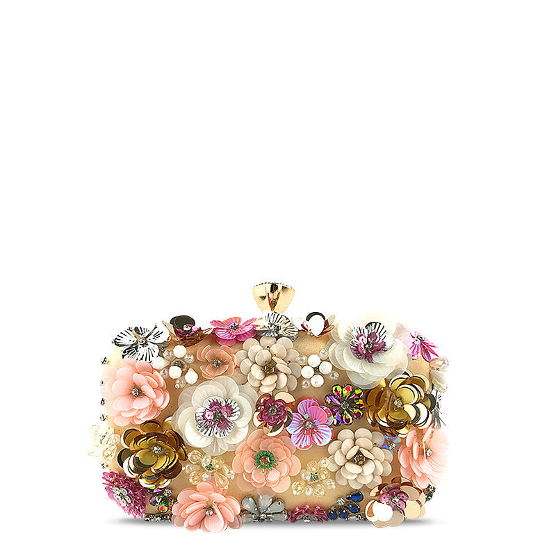 Women's Floral Embellished Clutch Bag – 3D Blooms & Crystal Detail