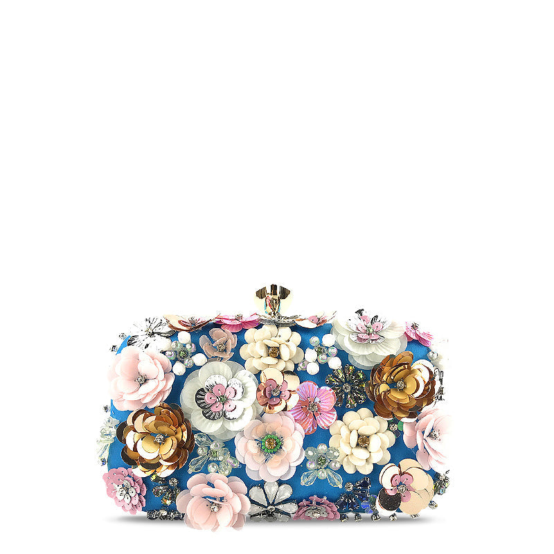 Women's Floral Embellished Clutch Bag – 3D Blooms & Crystal Detail