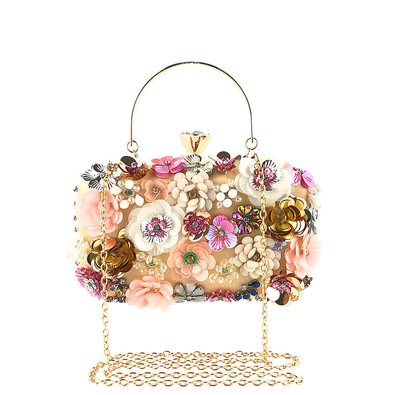 Women's Floral Embellished Clutch Bag – 3D Blooms & Crystal Detail