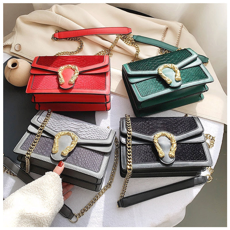 Women's Crossbody Bag – Chain Strap & Gold Sculpted Clasp Detail