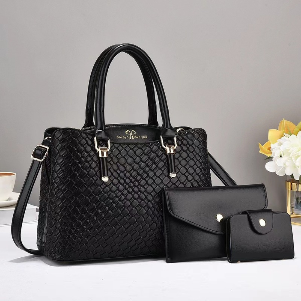 Women's Embossed Top Handle Shoulder Bag – 3-Piece Set with Crossbody & Wallet
