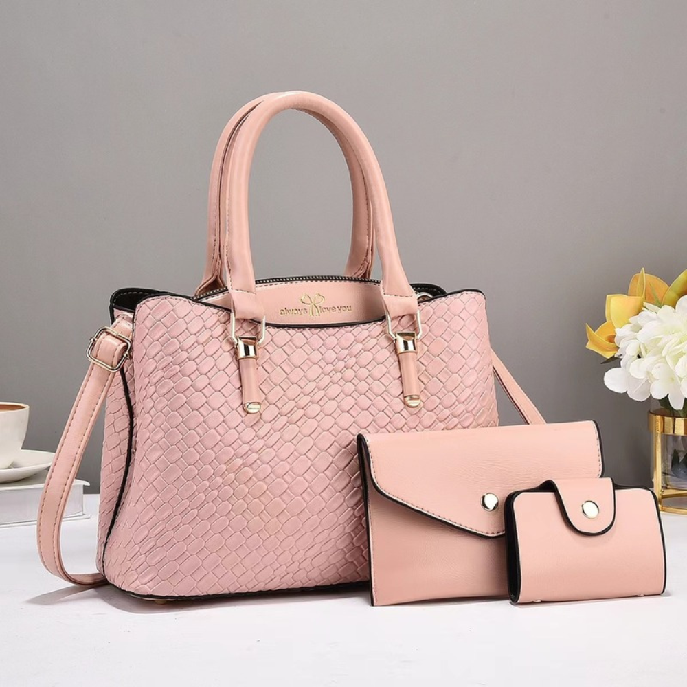 Women's Embossed Top Handle Shoulder Bag – 3-Piece Set with Crossbody & Wallet
