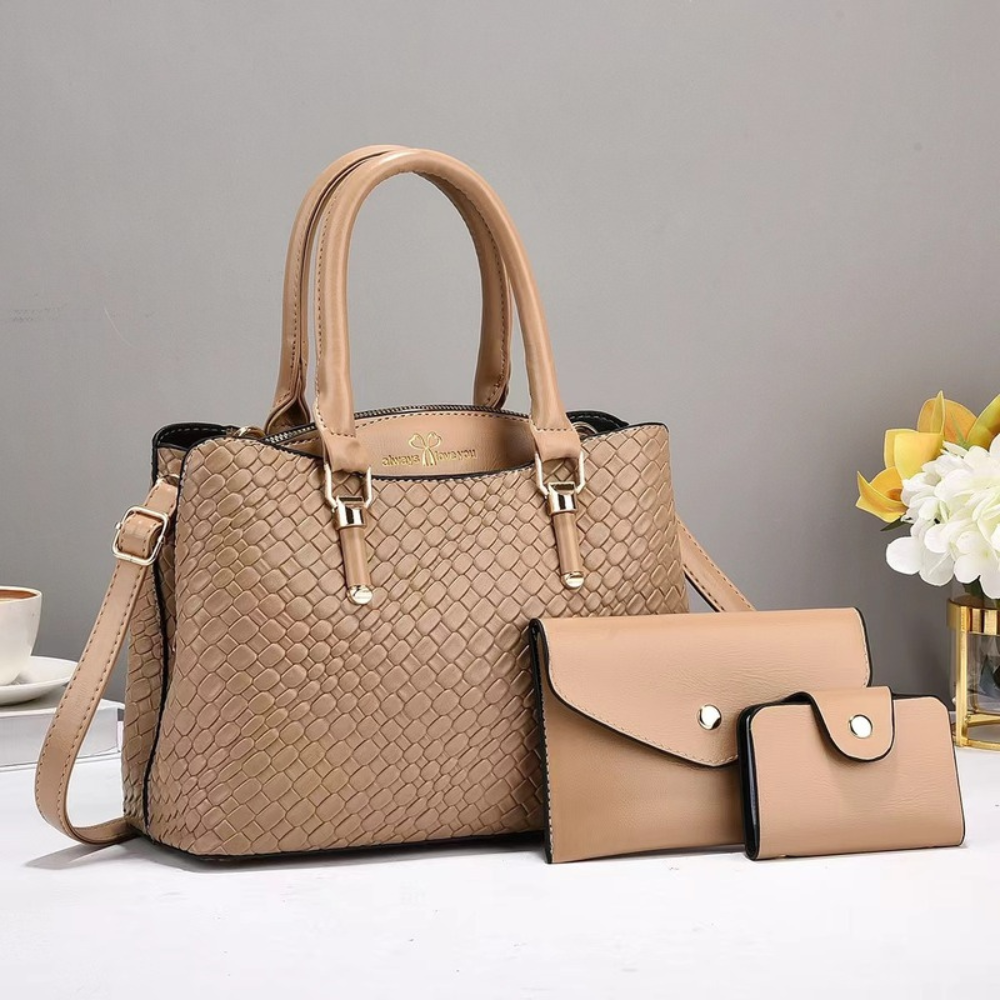 Women's Embossed Top Handle Shoulder Bag – 3-Piece Set with Crossbody & Wallet