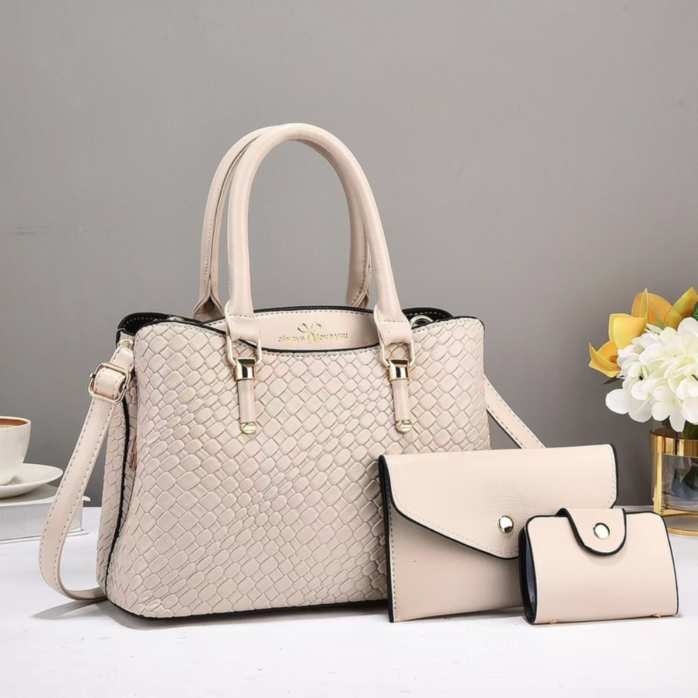 Women's Embossed Top Handle Shoulder Bag – 3-Piece Set with Crossbody & Wallet