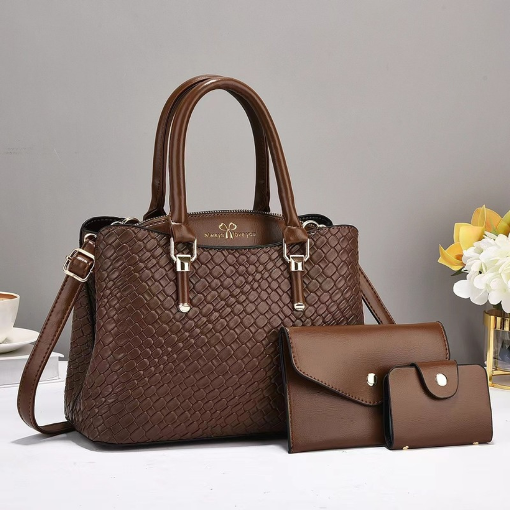 Women's Embossed Top Handle Shoulder Bag – 3-Piece Set with Crossbody & Wallet