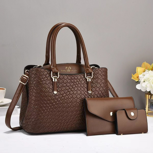 Women's Embossed Top Handle Shoulder Bag – 3-Piece Set with Crossbody & Wallet