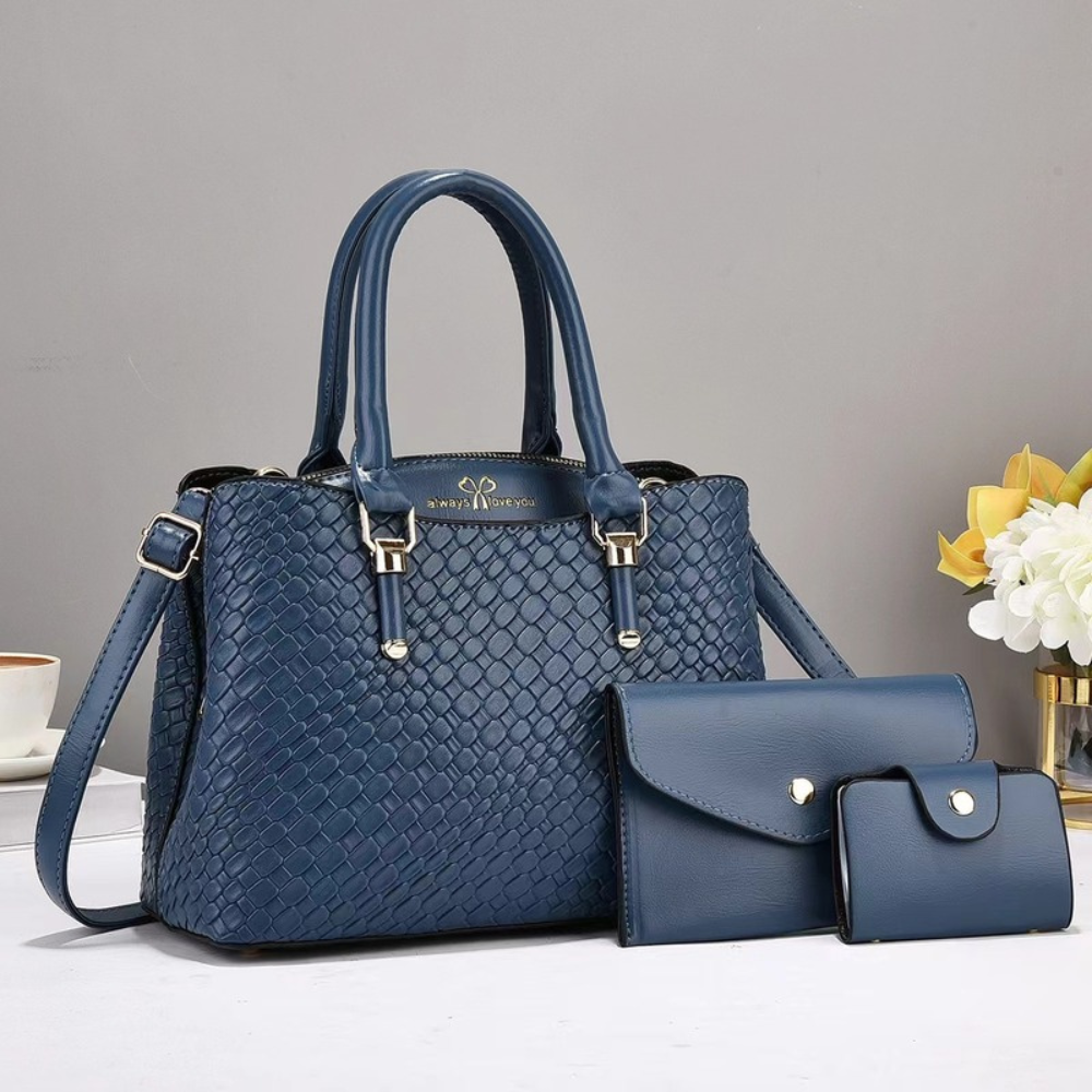 Women's Embossed Top Handle Shoulder Bag – 3-Piece Set with Crossbody & Wallet