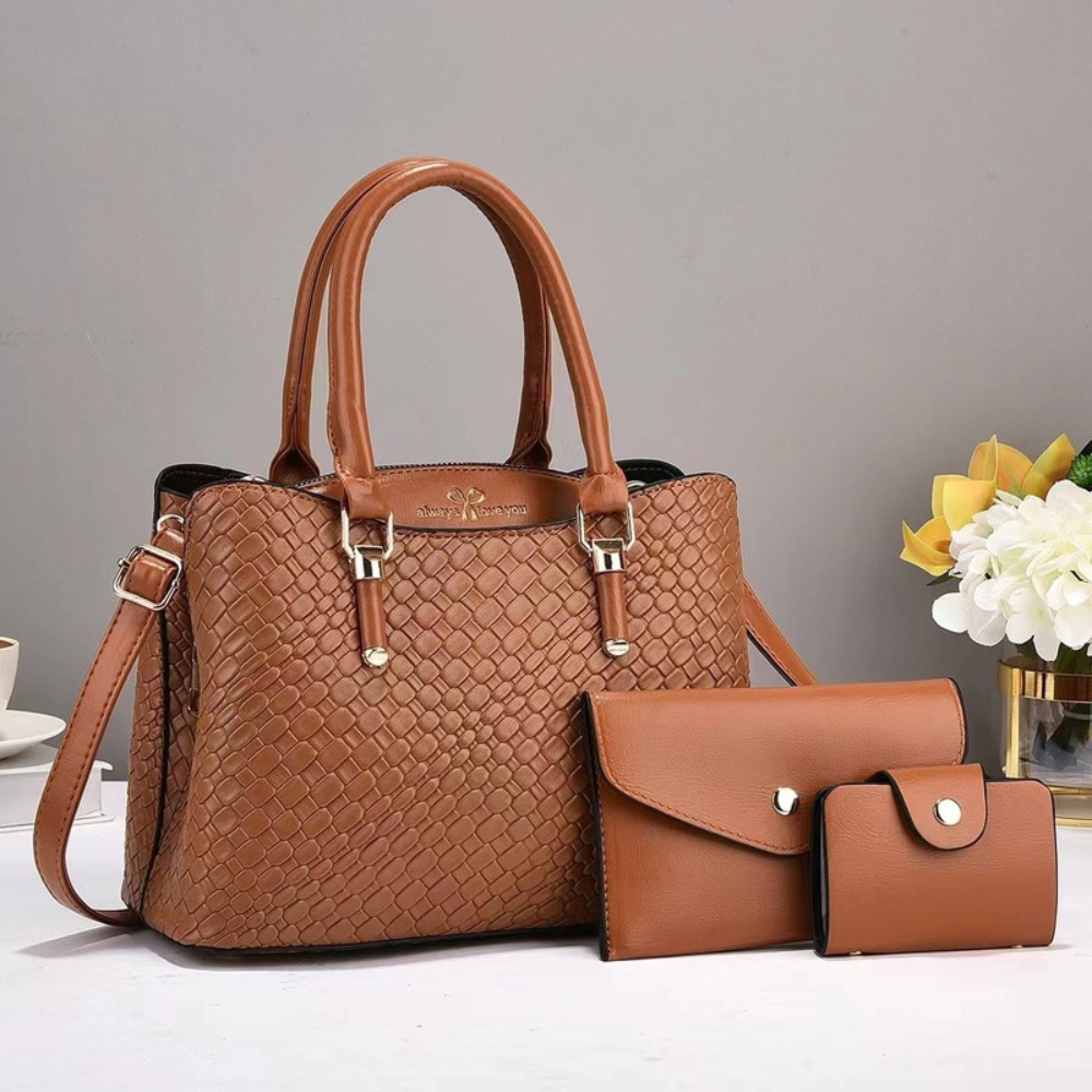 Women's Embossed Top Handle Shoulder Bag – 3-Piece Set with Crossbody & Wallet