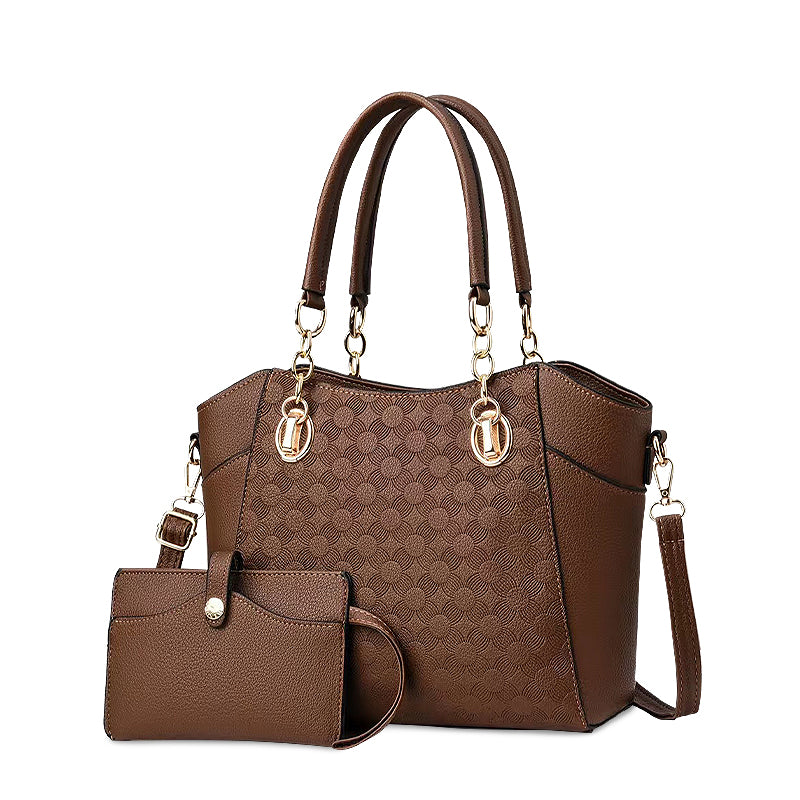 Women's Embossed Tote Bag Set – Top Handle Shoulder Bag & Wristlet