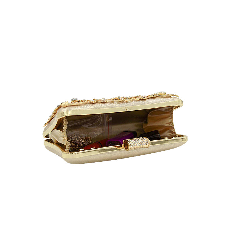Women's Crystal Floral Evening Clutch – Jeweled Minaudière with Pearl Detail