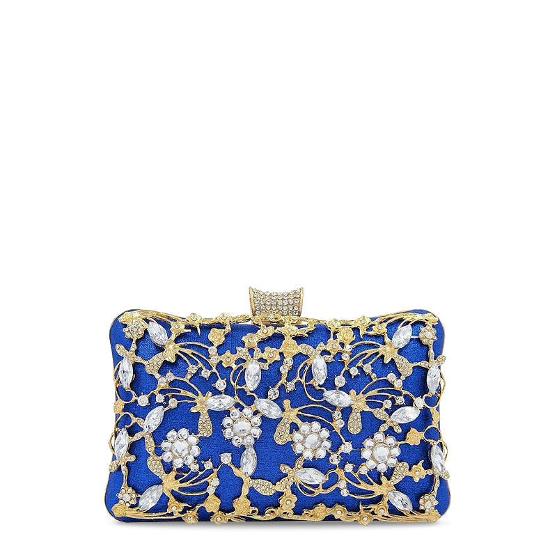 Women's Crystal Floral Evening Clutch – Jeweled Minaudière with Pearl Detail
