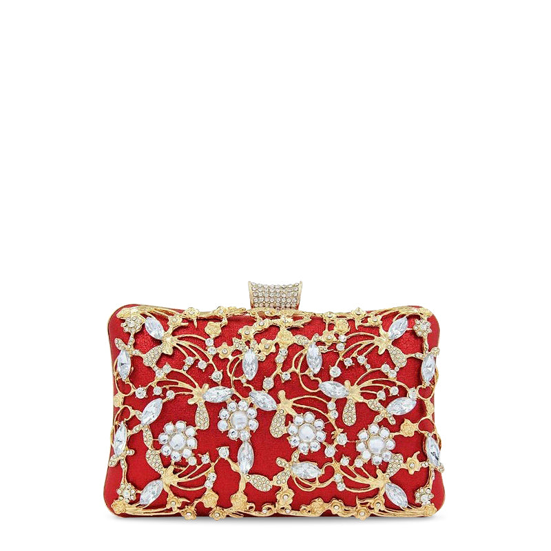 Women's Crystal Floral Evening Clutch – Jeweled Minaudière with Pearl Detail