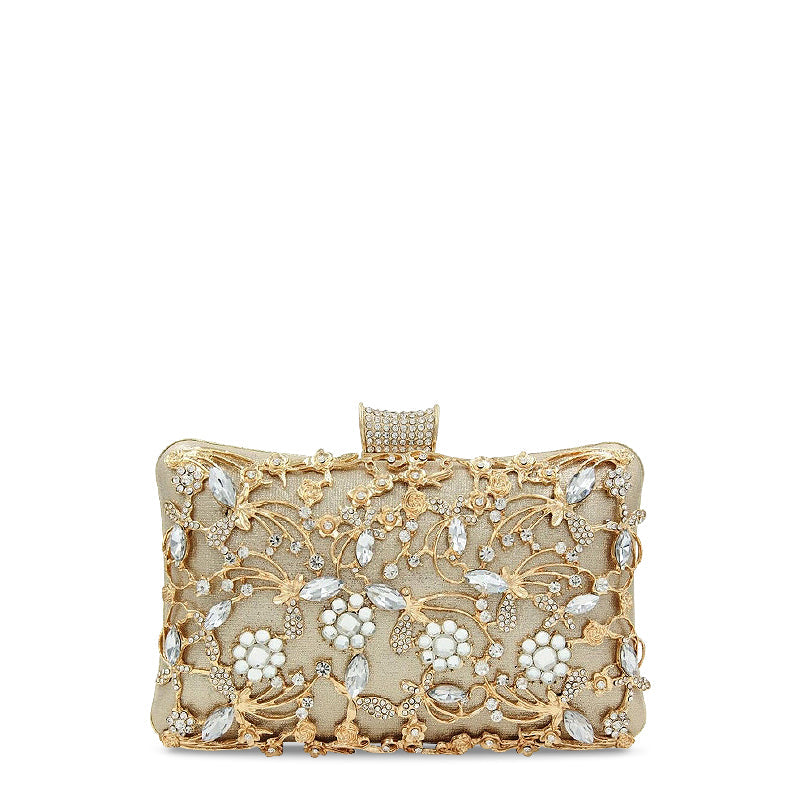 Women's Crystal Floral Evening Clutch – Jeweled Minaudière with Pearl Detail