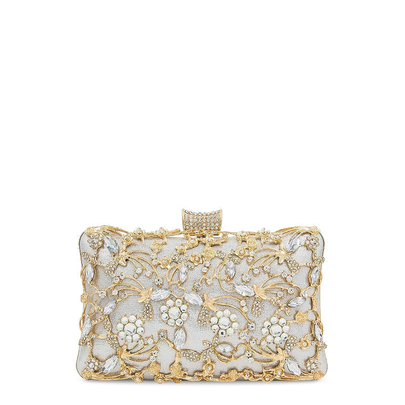 Women's Crystal Floral Evening Clutch – Jeweled Minaudière with Pearl Detail