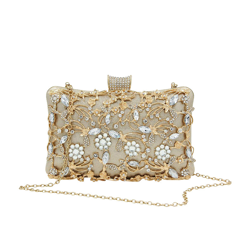 Women's Crystal Floral Evening Clutch – Jeweled Minaudière with Pearl Detail
