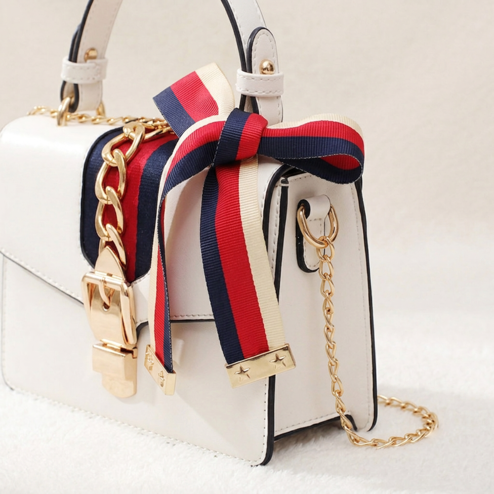 Women's Mini Top Handle Bag – Chain Detail & Ribbon Bow Accent