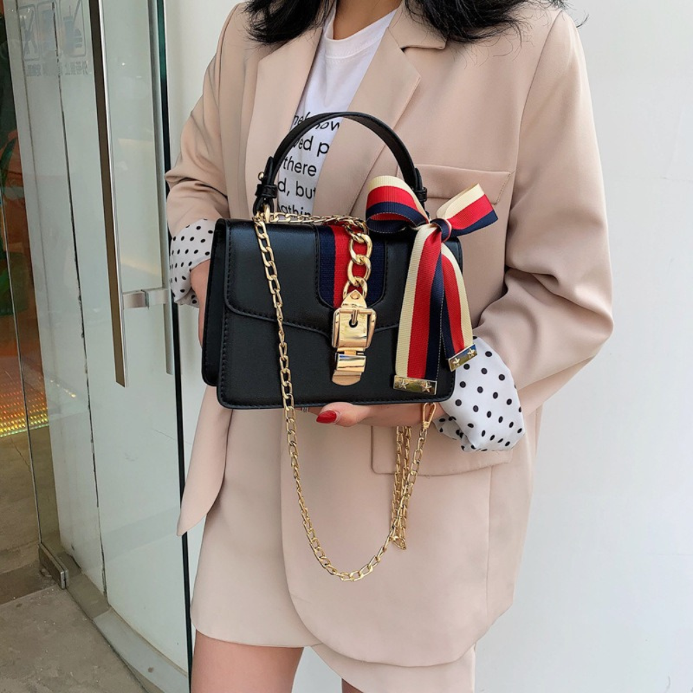 Women's Mini Top Handle Bag – Chain Detail & Ribbon Bow Accent