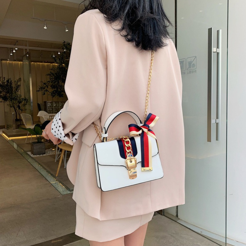 Women's Mini Top Handle Bag – Chain Detail & Ribbon Bow Accent