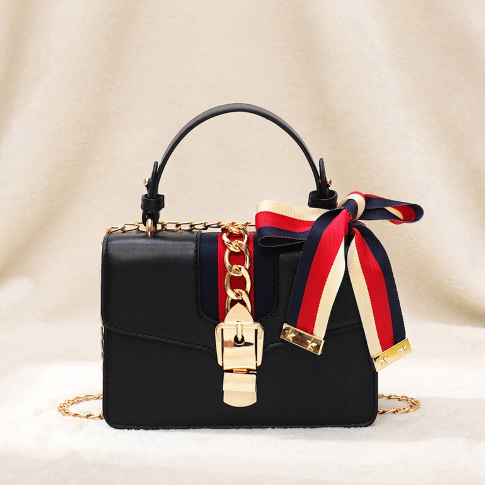 Women's Mini Top Handle Bag – Chain Detail & Ribbon Bow Accent