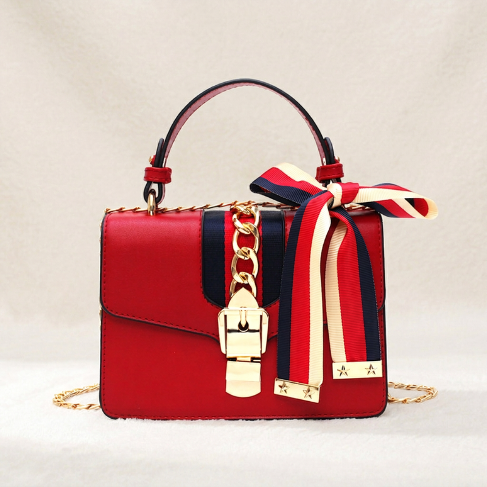 Women's Mini Top Handle Bag – Chain Detail & Ribbon Bow Accent