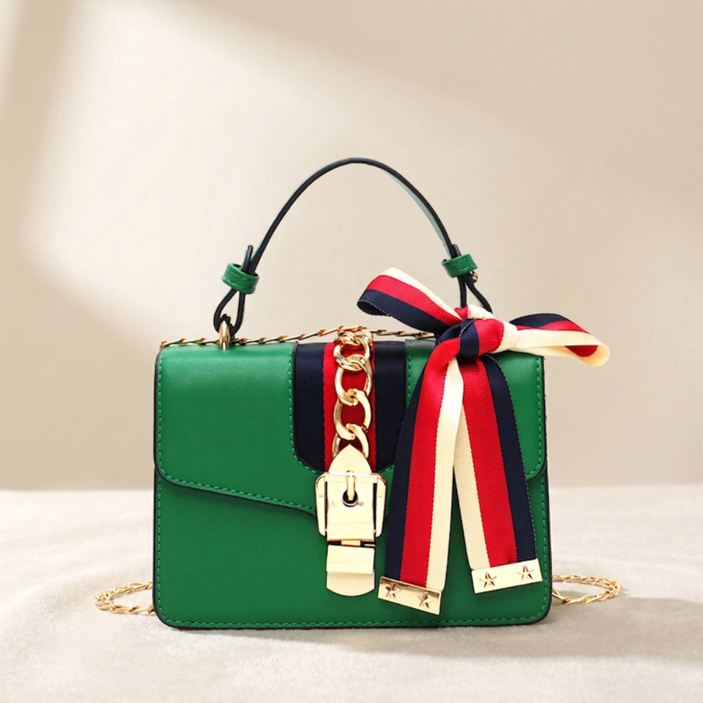 Women's Mini Top Handle Bag – Chain Detail & Ribbon Bow Accent