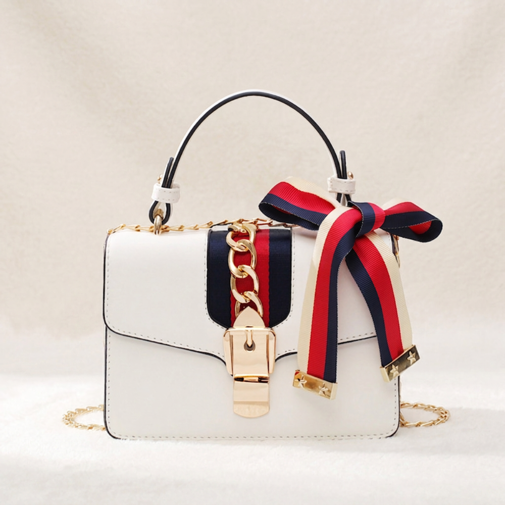 Women's Mini Top Handle Bag – Chain Detail & Ribbon Bow Accent