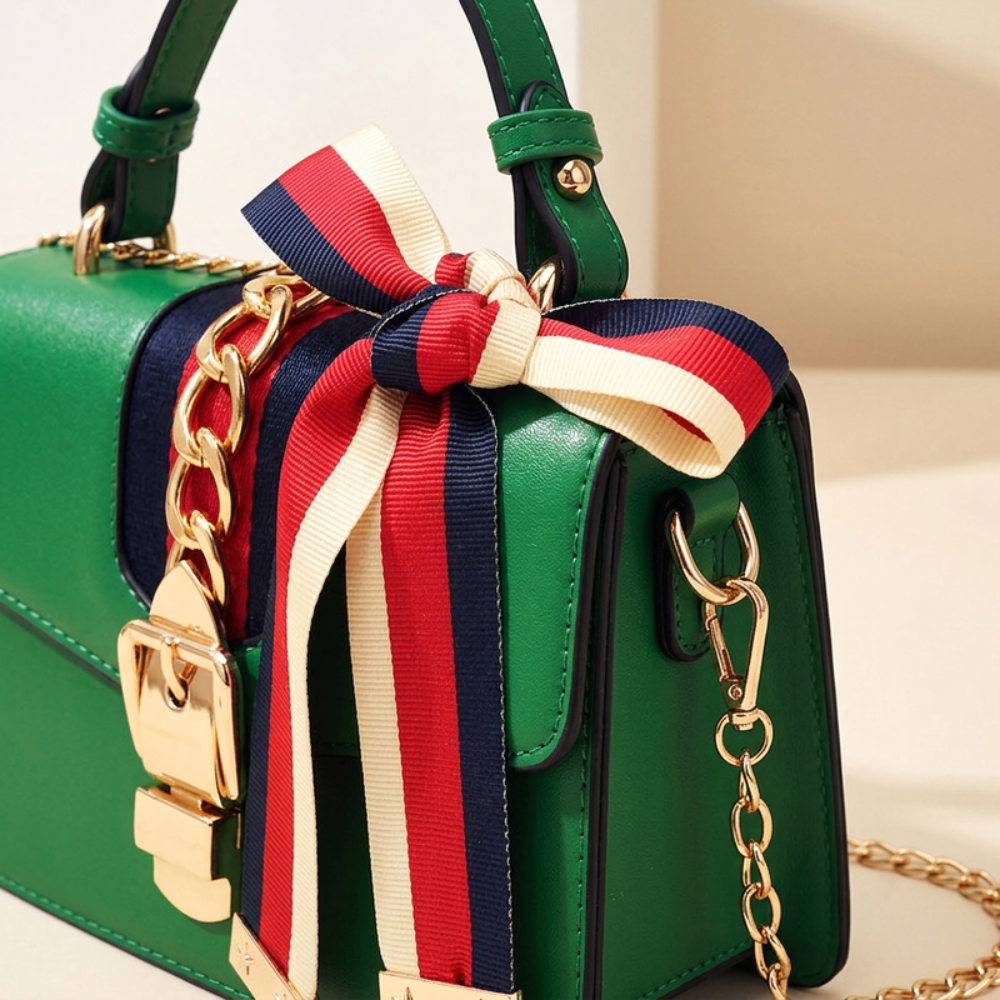 Women's Mini Top Handle Bag – Chain Detail & Ribbon Bow Accent