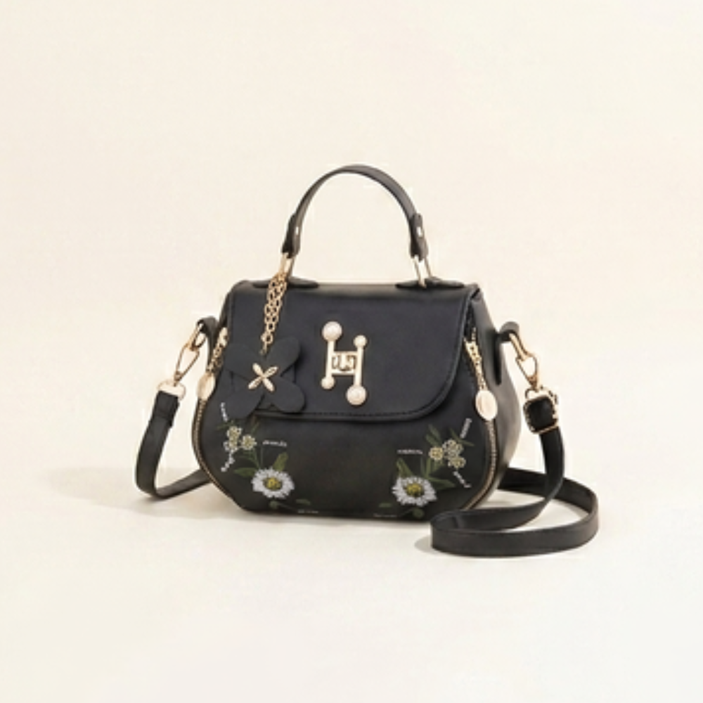 Women's Floral Embroidered Saddle Bag – Pearl & Gold-Tone Top Handle Detail