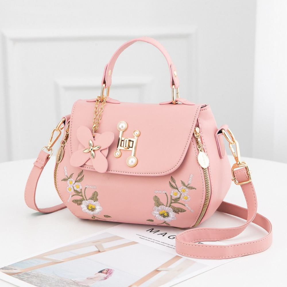 Women's Floral Embroidered Saddle Bag – Pearl & Gold-Tone Top Handle Detail