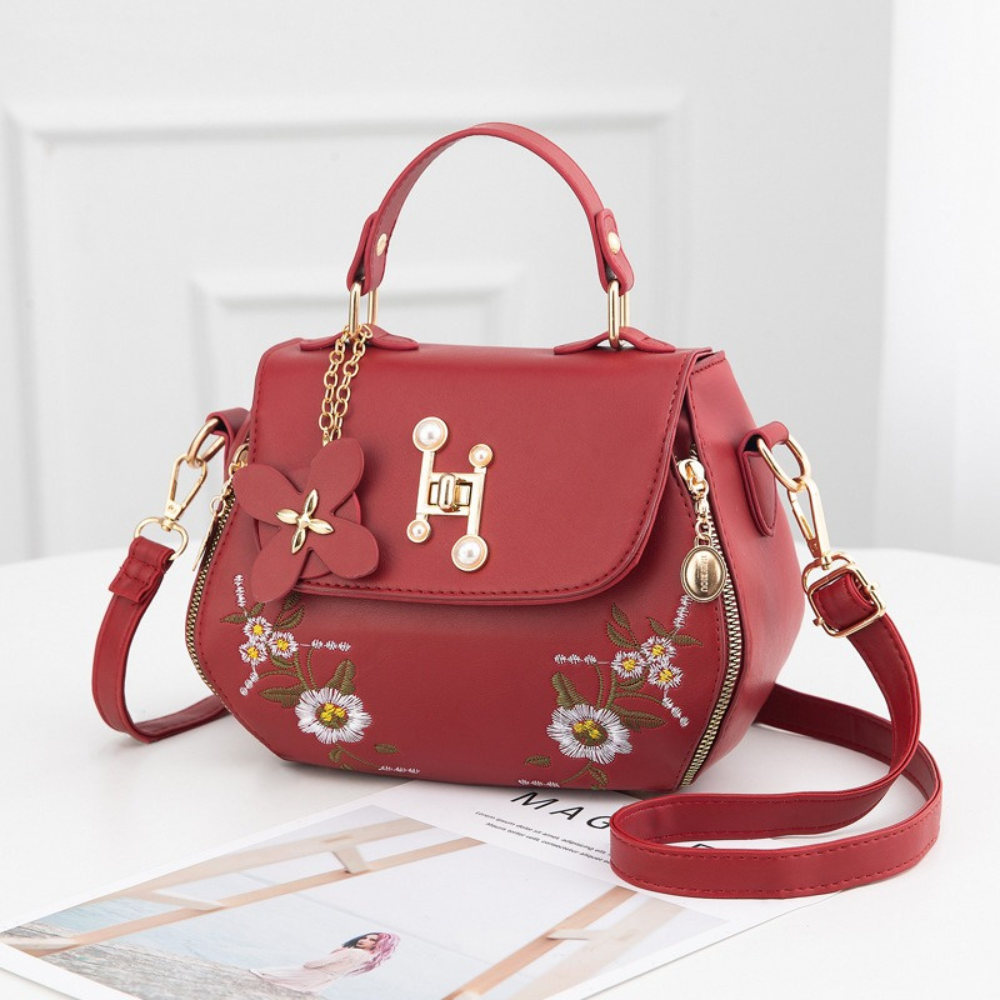 Women's Floral Embroidered Saddle Bag – Pearl & Gold-Tone Top Handle Detail