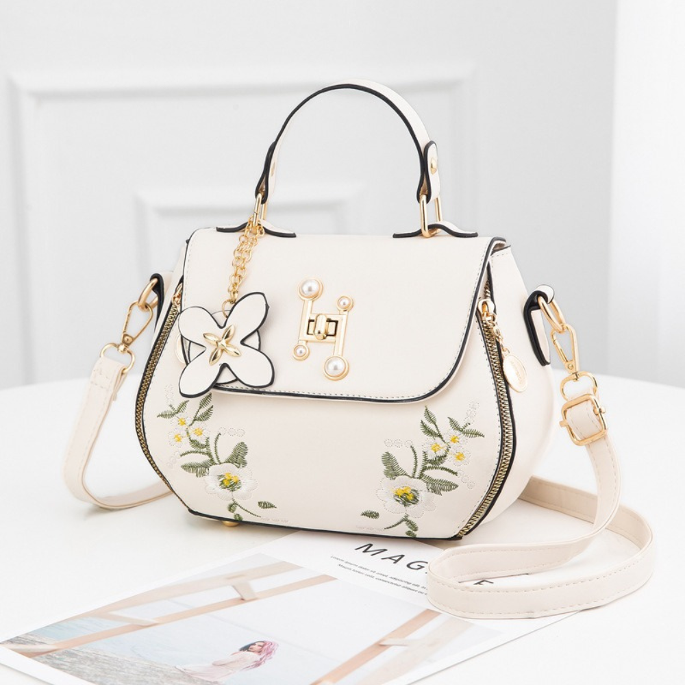 Women's Floral Embroidered Saddle Bag – Pearl & Gold-Tone Top Handle Detail