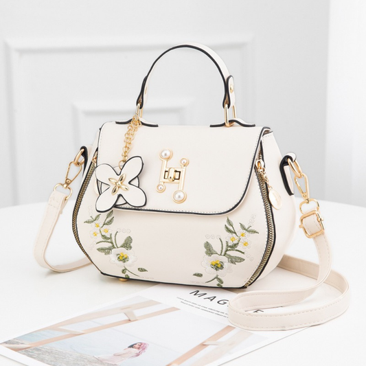 Women's Floral Embroidered Saddle Bag – Pearl & Gold-Tone Top Handle Detail
