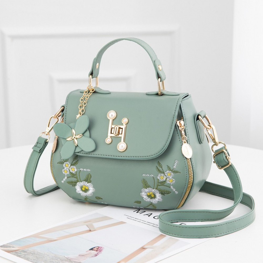 Women's Floral Embroidered Saddle Bag – Pearl & Gold-Tone Top Handle Detail