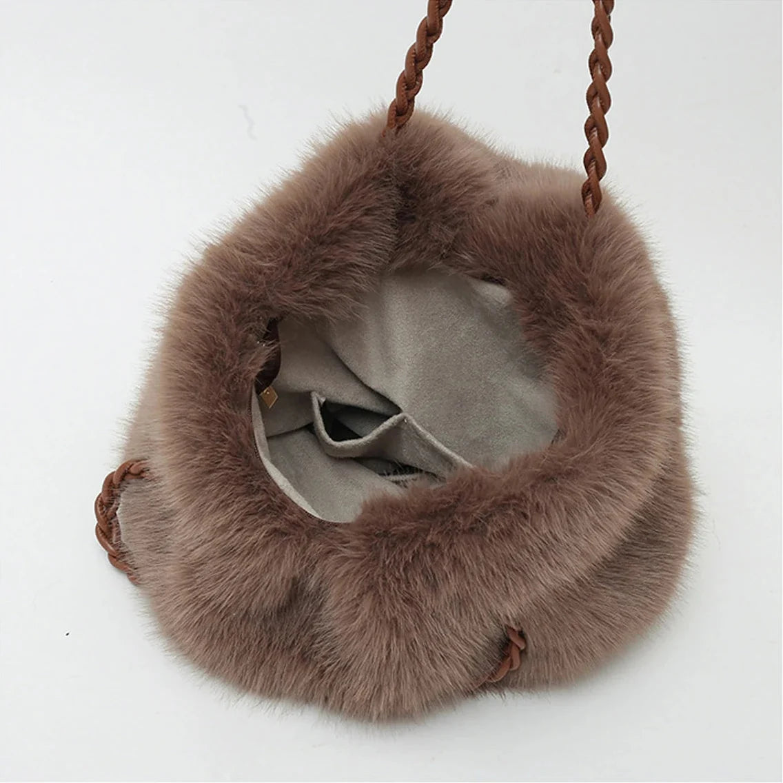 Women's Faux Mink Fur Tote – Braided Handle & Gold Chain Detail