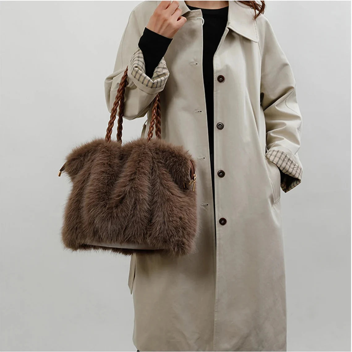Women's Faux Mink Fur Tote – Braided Handle & Gold Chain Detail