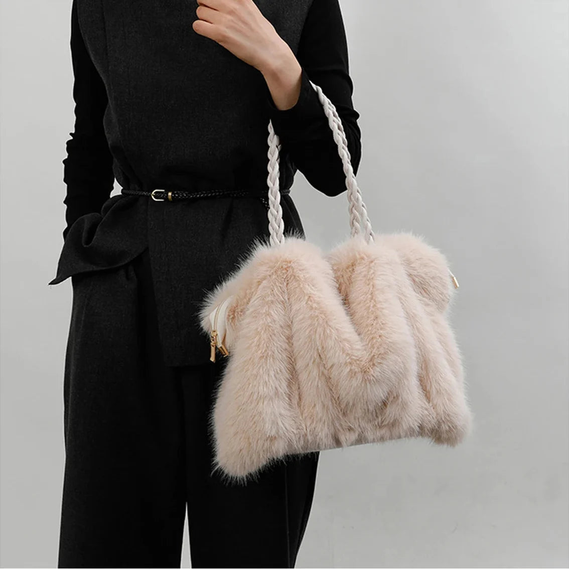 Women's Faux Mink Fur Tote – Braided Handle & Gold Chain Detail