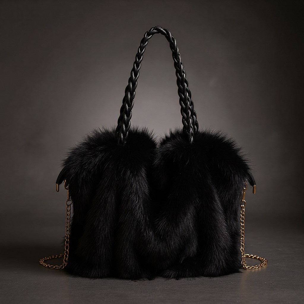 Women's Faux Mink Fur Tote – Braided Handle & Gold Chain Detail