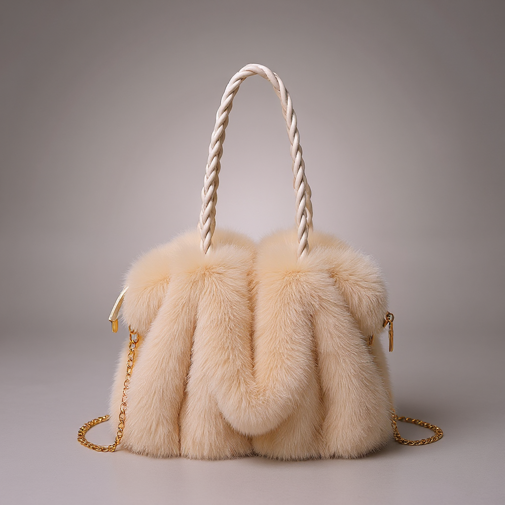 Women's Faux Mink Fur Tote – Braided Handle & Gold Chain Detail