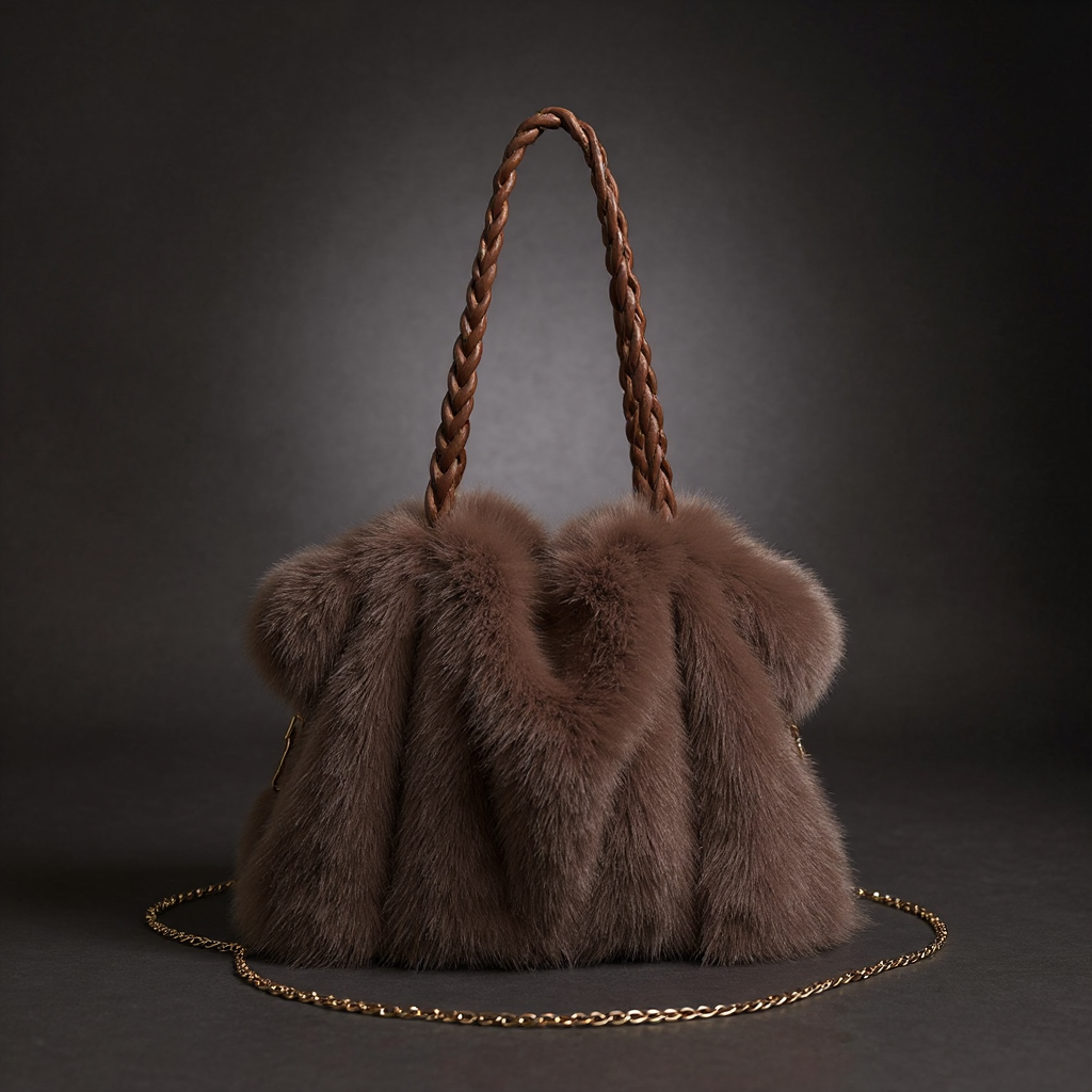 Women's Faux Mink Fur Tote – Braided Handle & Gold Chain Detail