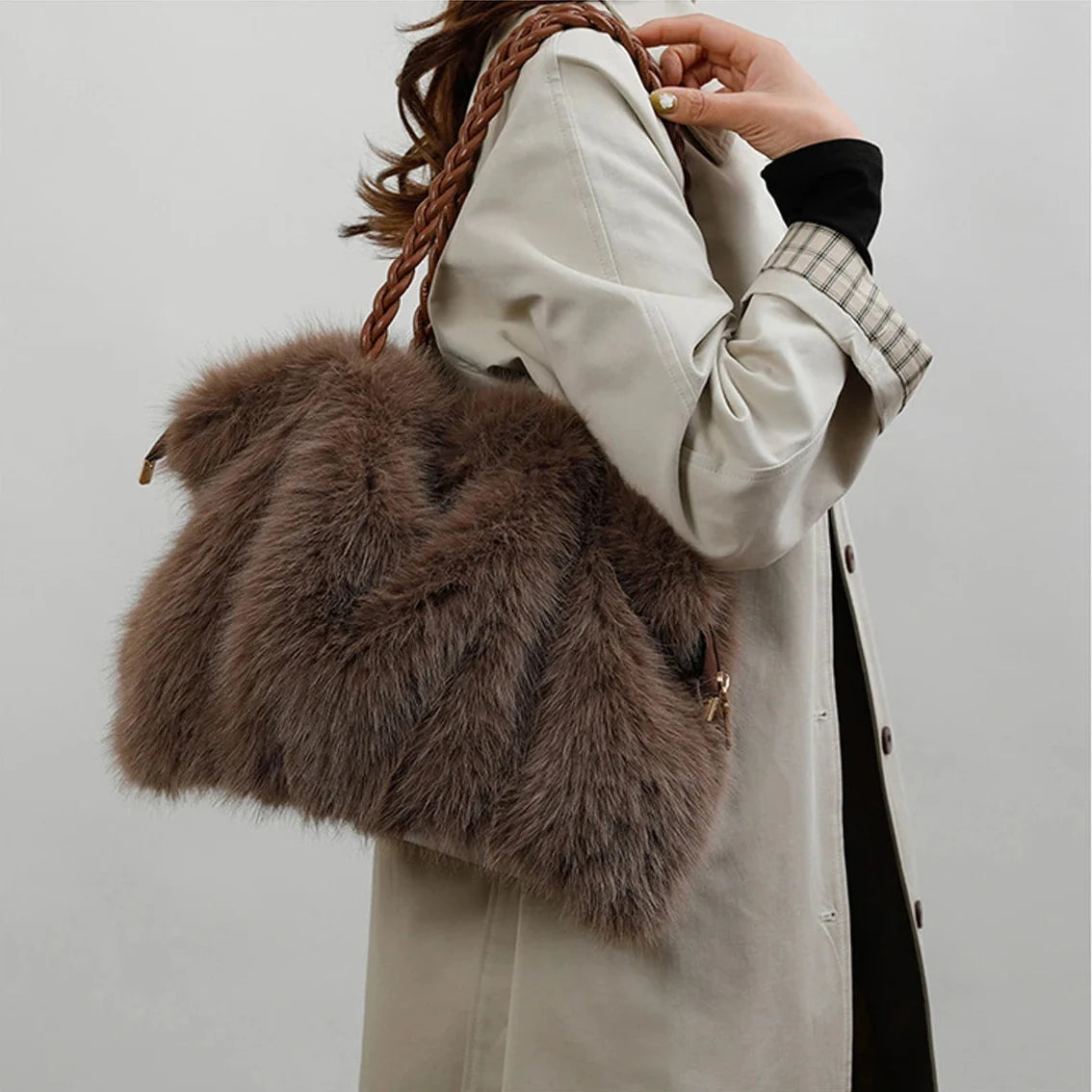 Women's Faux Mink Fur Tote – Braided Handle & Gold Chain Detail