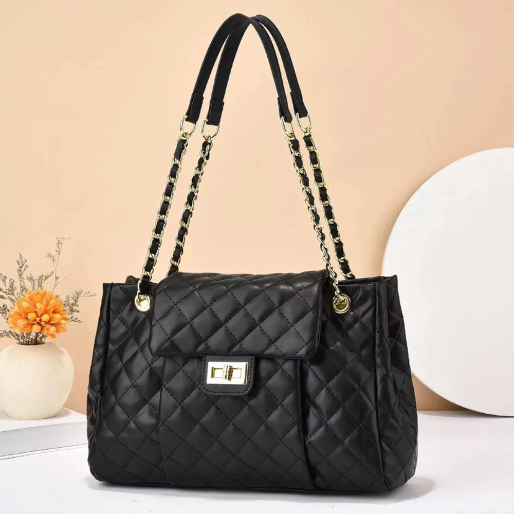 Women's Quilted Shoulder Bag – Chain Strap Tote with Turn-Lock Detail