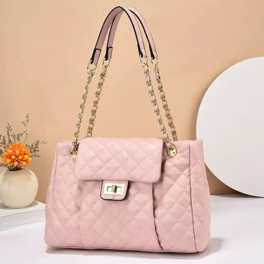 Women's Quilted Shoulder Bag – Chain Strap Tote with Turn-Lock Detail