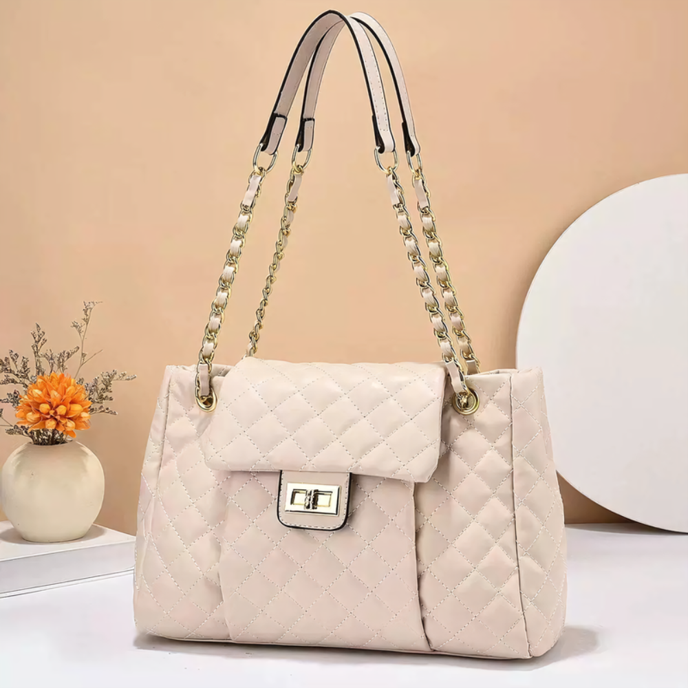 Women's Quilted Shoulder Bag – Chain Strap Tote with Turn-Lock Detail
