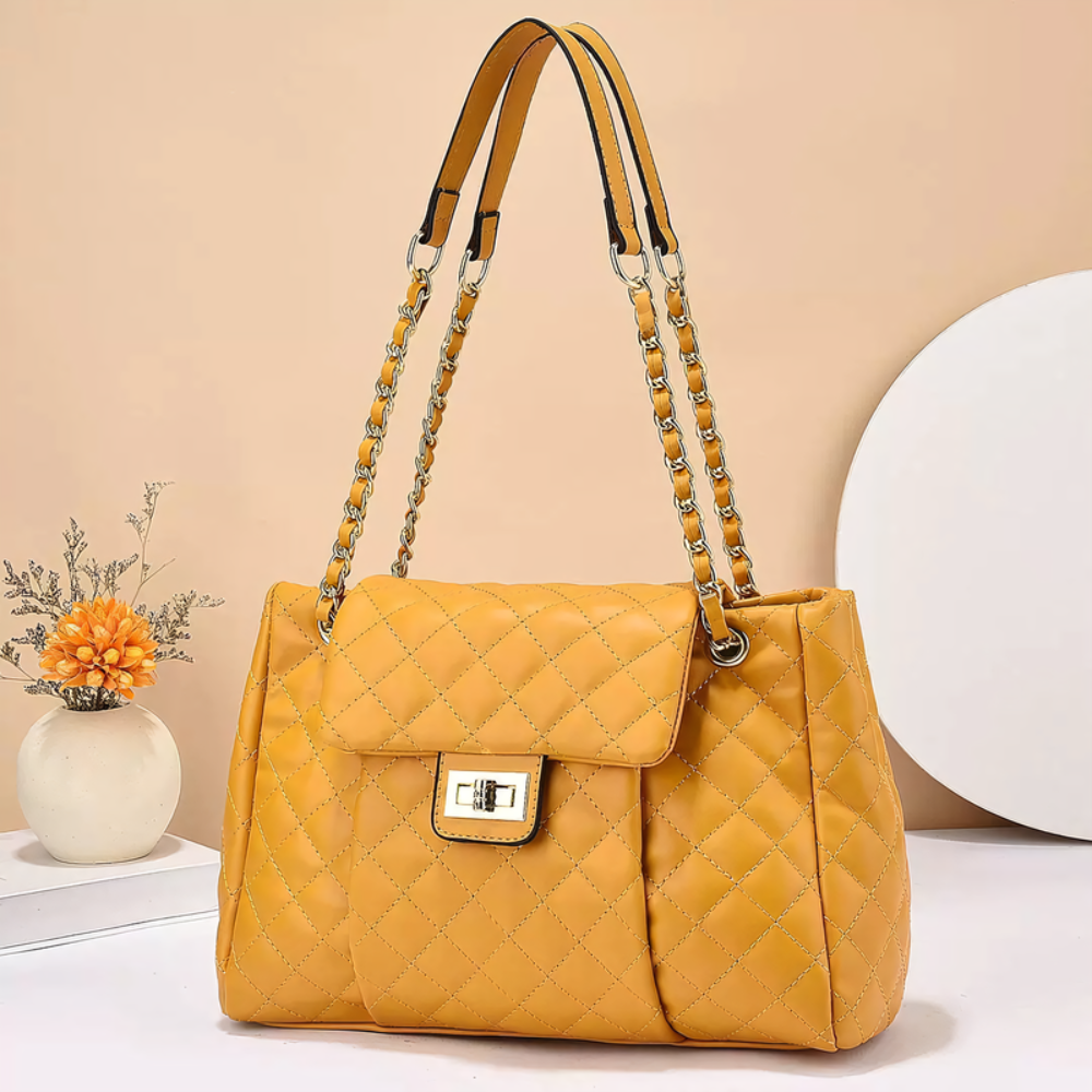Women's Quilted Shoulder Bag – Chain Strap Tote with Turn-Lock Detail