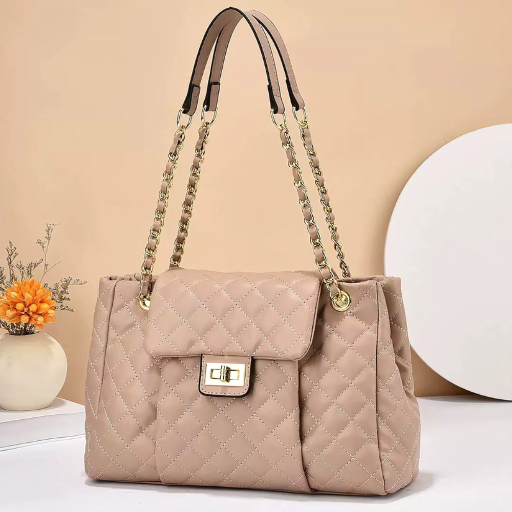 Women's Quilted Shoulder Bag – Chain Strap Tote with Turn-Lock Detail