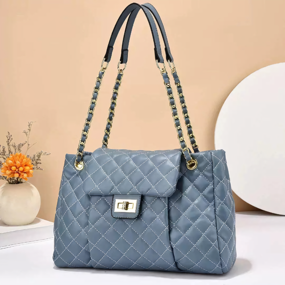 Women's Quilted Shoulder Bag – Chain Strap Tote with Turn-Lock Detail