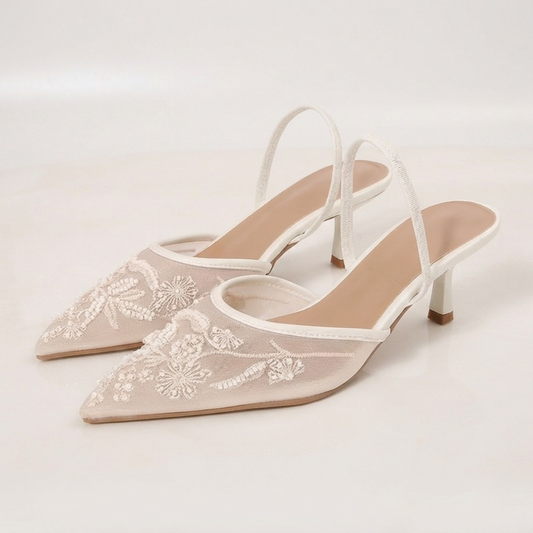 Women's Floral Mesh Kitten Heels – Pointed Toe Slingback with Embroidered Detail