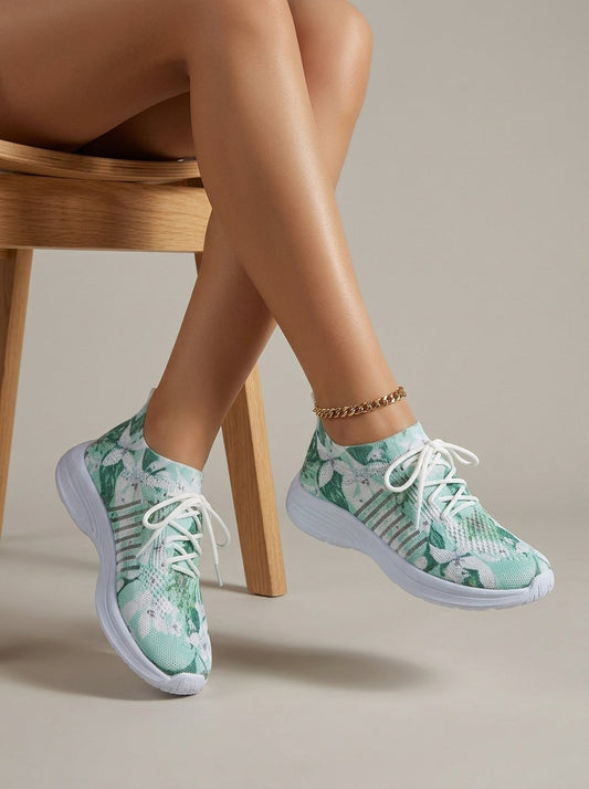 Women's Floral Sneakers – Mesh Lace-Up with Cushioned Sole